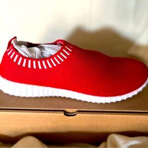 New Red Knit Slip-On Sneakers with White Sole